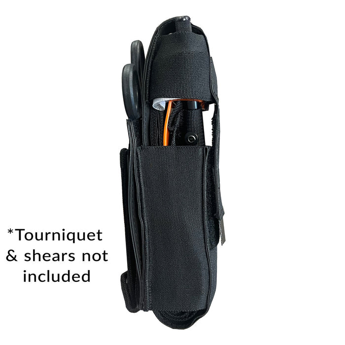 Black Universal Tourniquet Holder Gen2, with TQ and shears, side