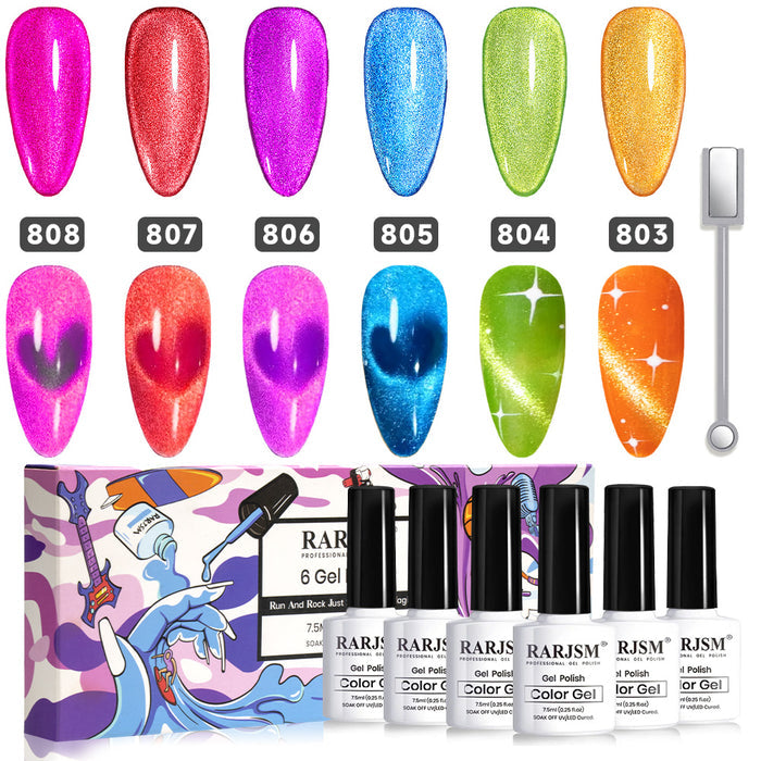 6-color valentine cat eye gel polish set 803-808 showing romantic neon pink orange purple shades with magnetic effect, TPO HEMA free