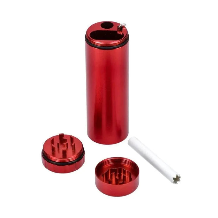 A top-down view of the red Valiant Aluminum Dugout with Grinder, disassembled to show its components and internal space.