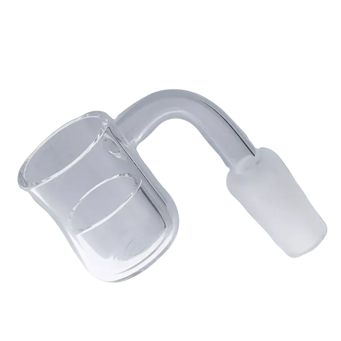 A close-up, angled view of the Valiant Core Reactor Banger, showcasing its clear glass construction and male joint.