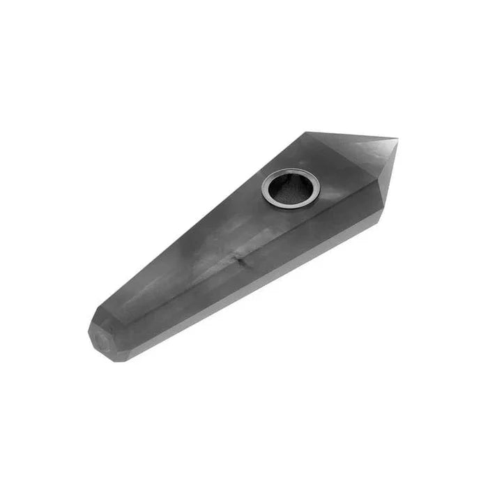 A side view of the Valiant Crystal Pipe - Opal, showcasing its smooth, clear glass construction and unique crystalline shape.