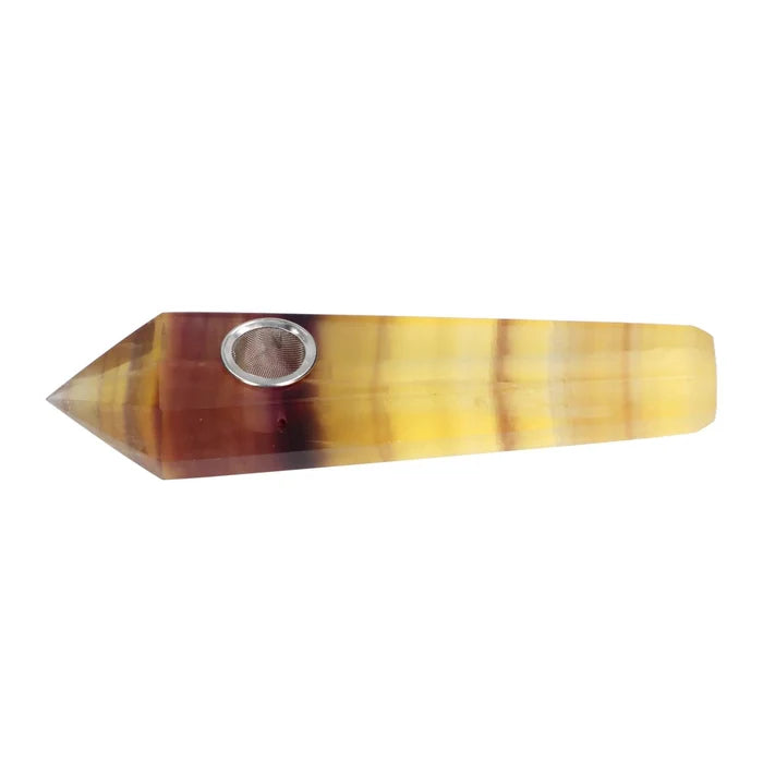 A close-up, angled view of the Valiant Crystal Pipe - Wood Grain, showcasing its textured, brown and tan finish.