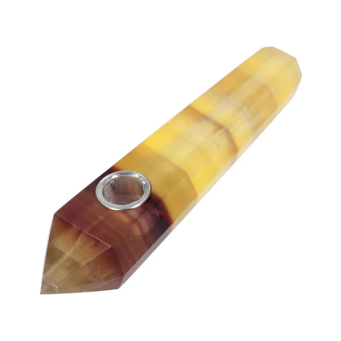 A close-up, angled view of the Valiant Crystal Pipe - Wood Grain, showing its textured, amber-colored glass construction.