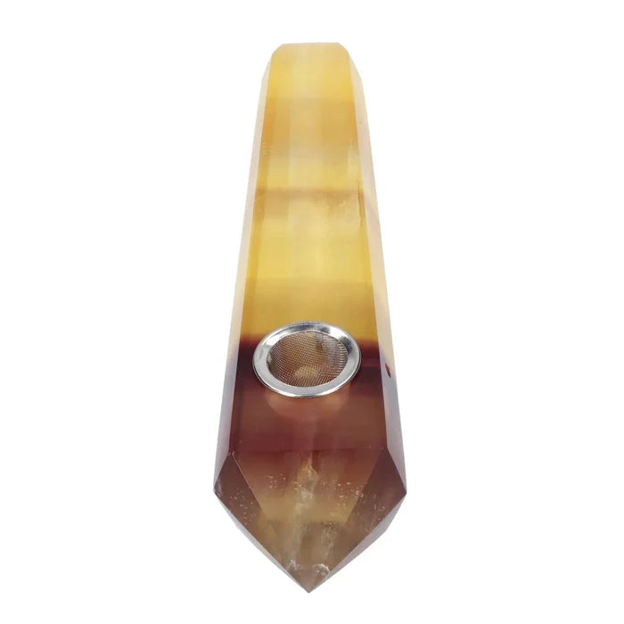 A front view of the Valiant Crystal Pipe - Wood Grain, showcasing the pipe’s amber-colored, wood-grain texture and conical shape.