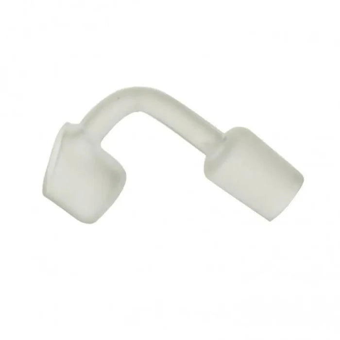 A slightly angled view of the Valiant Frosted Quartz Banger, showing its 90-degree angle and frosted glass finish.