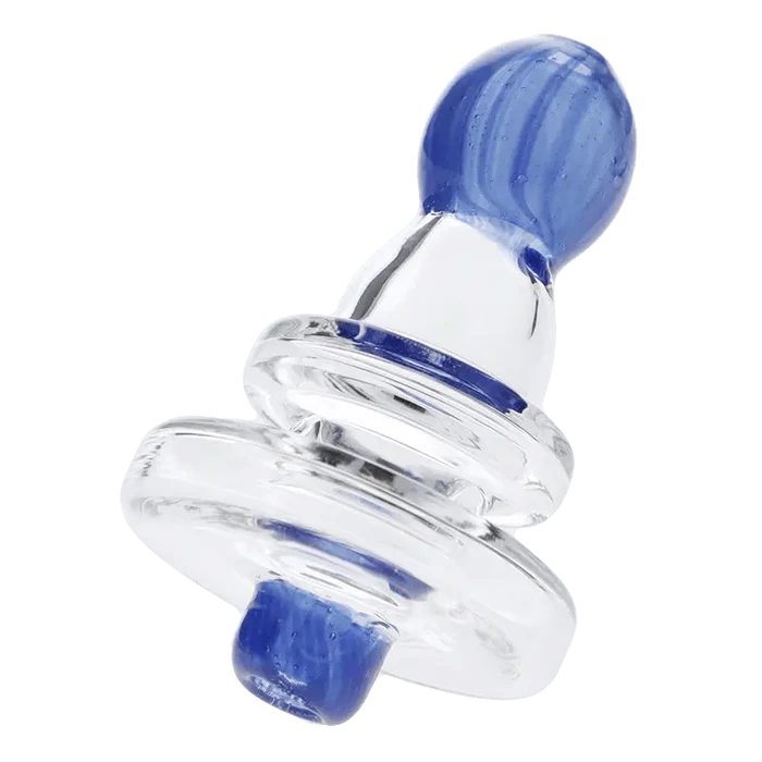 A slightly angled view of the Valiant Glass Carb Cap with clear and purple glass, showcasing its circular design.