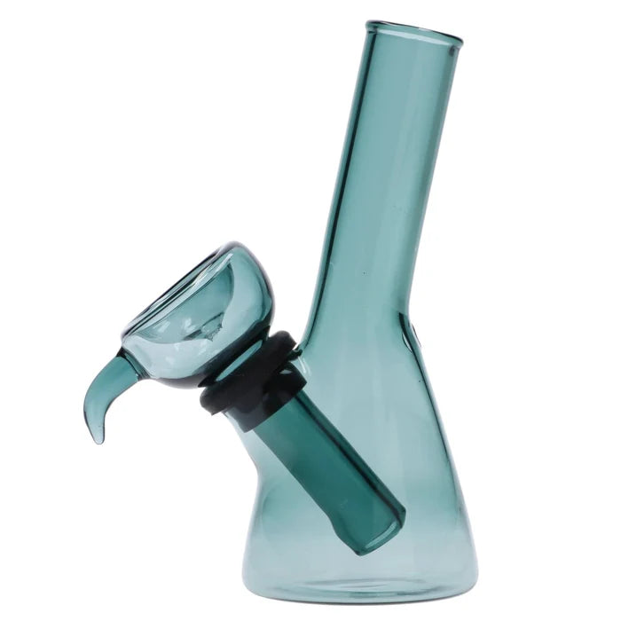 A three-quarter view of the 4.3-inch Valiant Mini Water Pipe in teal, showcasing its compact size and simple glass construction.