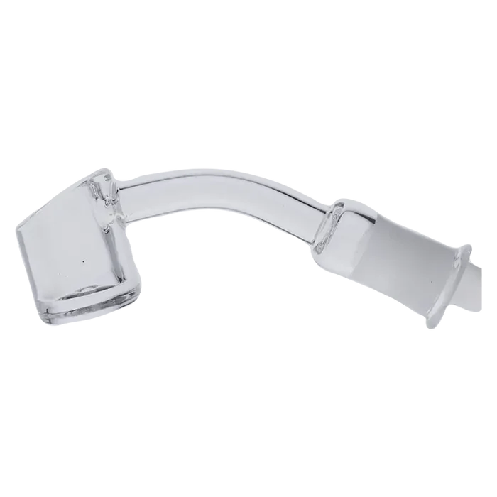 A close-up, angled view of the Valiant Quartz Banger, showing its 45-degree angle and clear quartz construction.