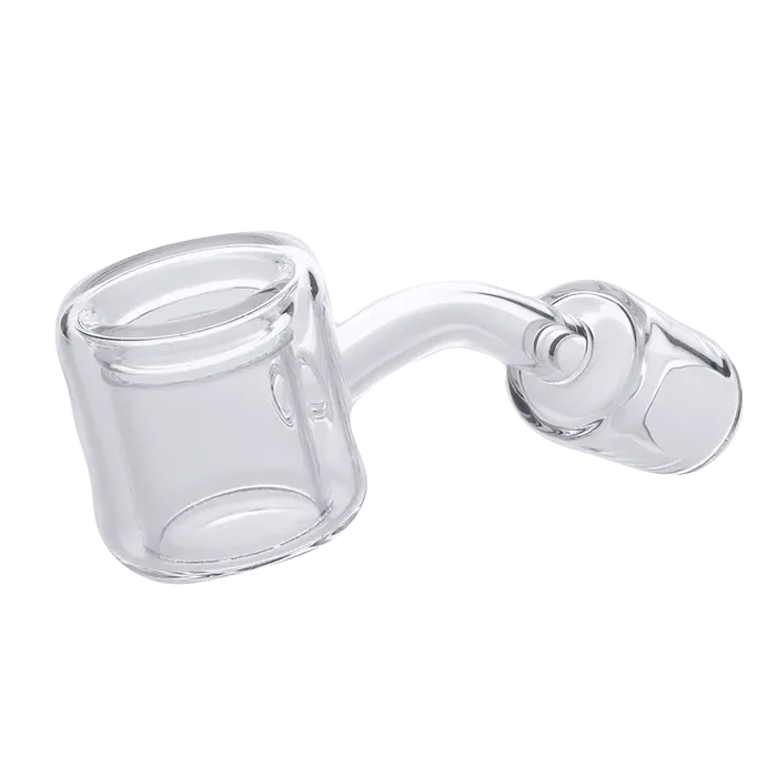 A close-up, angled view of the Valiant Quartz Thermal Banger, showcasing its clear glass construction and thermal bowl.