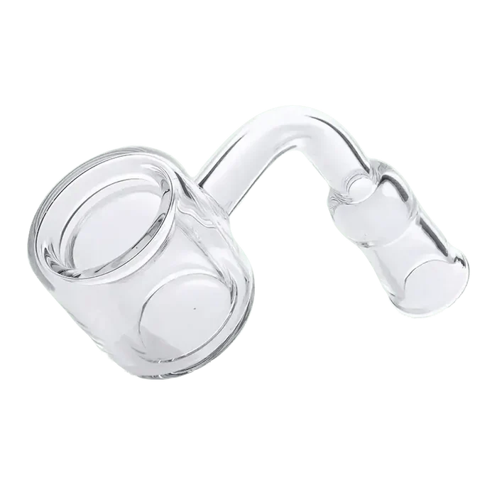 A close-up, angled view of the Valiant Quartz Thermal Banger, showing the clear 90-degree joint and thermal bowl.