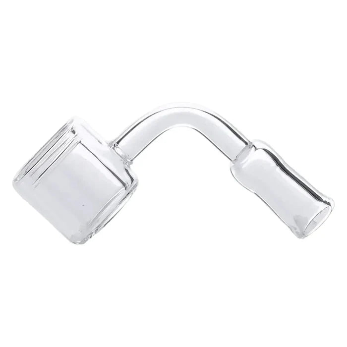 A slightly angled view of the Valiant Quartz Thermal Banger, featuring a 90-degree bend and clear glass construction.