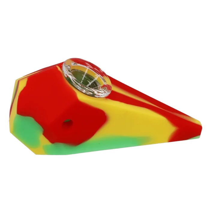 Angled close-up of a multicolored red, yellow, and green Valiant Silicone Diamond Pipe - Assorted showing the clear glass bowl set into its sloped top.