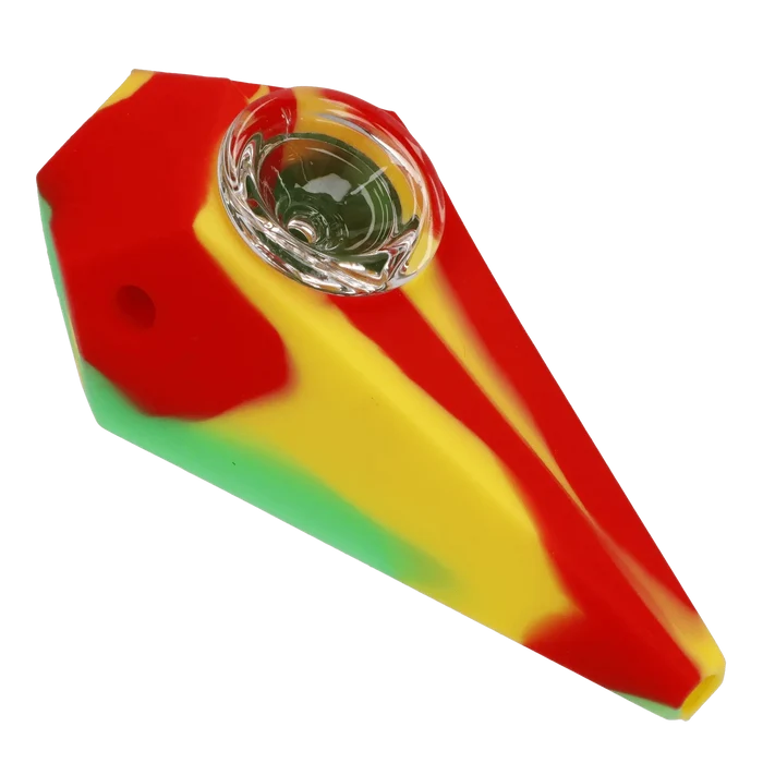 Angled close-up of a red, yellow, and green Valiant Silicone Diamond Pipe - Assorted showing the clear glass bowl and glossy silicone surface