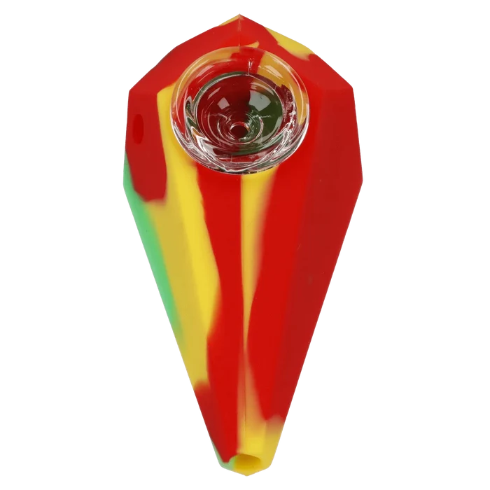 Top-down close-up of the Valiant Silicone Diamond Pipe - Assorted showing its red, yellow and green faceted body and clear glass bowl.