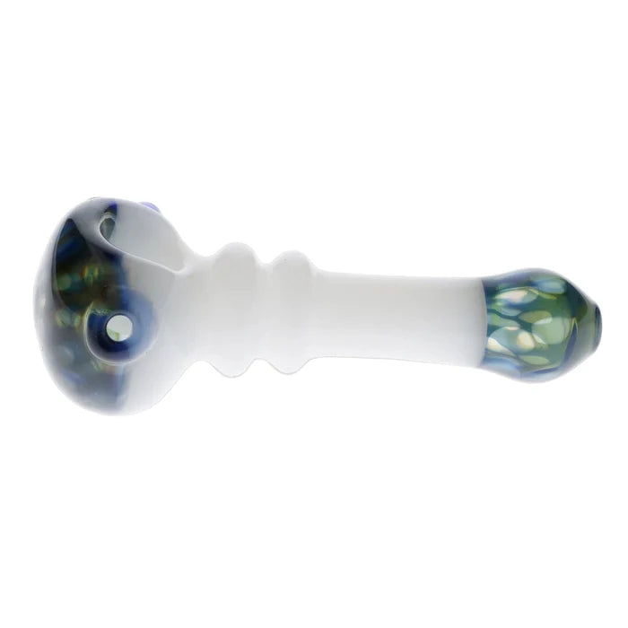 A side view of the 4.5-inch Valiant Wonderland Glass Pipe in white and blue, showing its curved form and smooth glass finish.