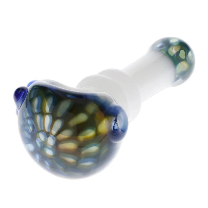 A side view of the 4.5-inch Valiant Wonderland Glass Pipe in white and blue, showcasing its curved design.