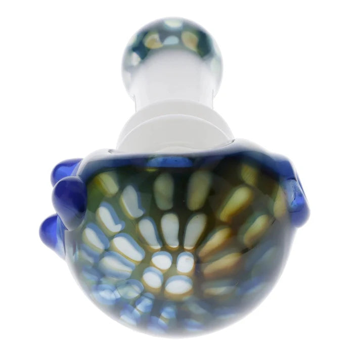 A close-up, angled view of the Valiant Wonderland Glass Pipe in white and blue, highlighting its sculpted glass joint.