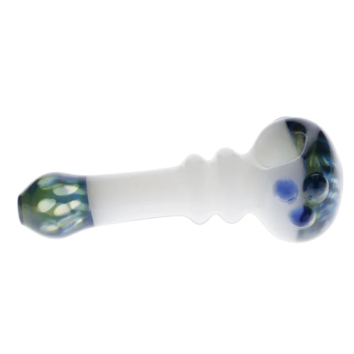A side view of the 4.5-inch Valiant Wonderland Glass Pipe in white and blue, showing its curved design and smooth glass finish.