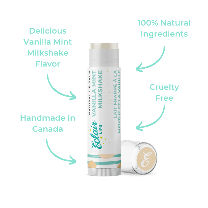 Lip balm tube with Vanilla Mint Milkshake label.