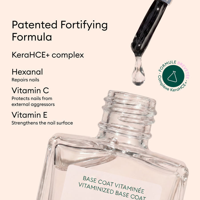 A dropper dispenses liquid into an open Manucurist Vitaminized Base Coat Green™ bottle labeled “VITAMINIZED BASE COAT.” Text highlights ingredients: Hexanal, Vitamin C, and Vitamin E, and mentions the patented KeraHCE+ technology, which strengthens nails and provides advanced protection.