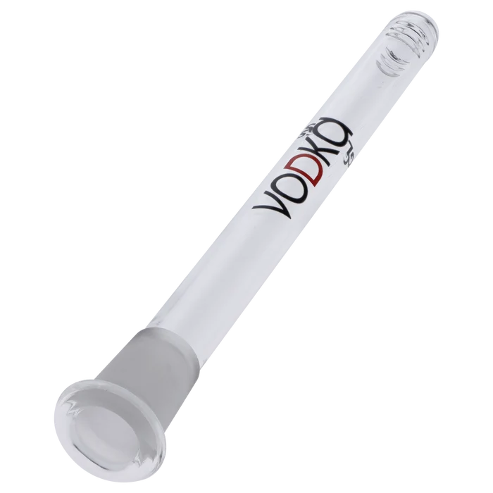 A clear, angled view of the Vodka Downstem - 14-18 Flush Mount - Clear - 185mm, showing its simple cylindrical glass design.