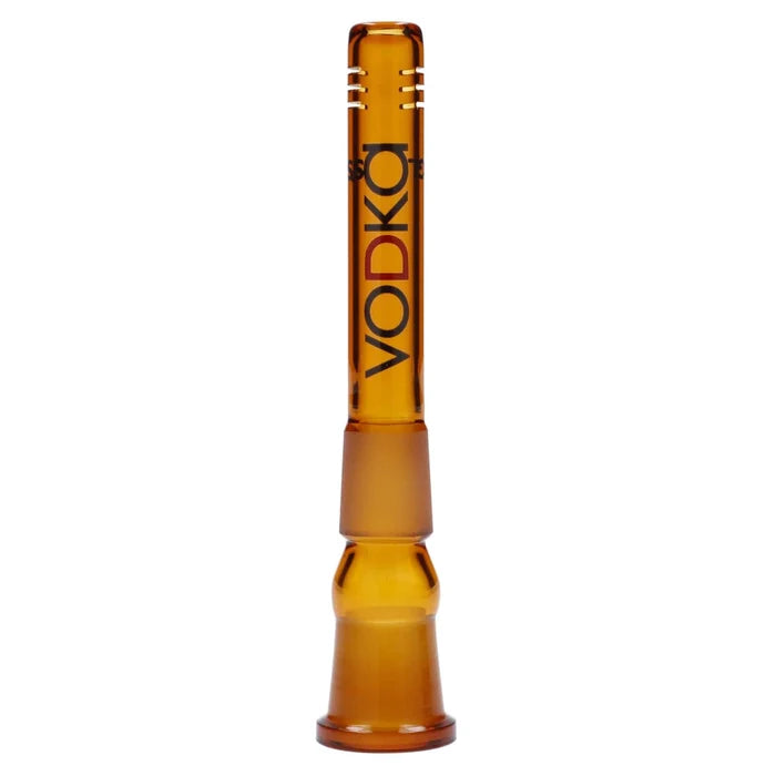 A side view of the 100mm Vodka Downstem in amber glass, showing its simple cylindrical shape.