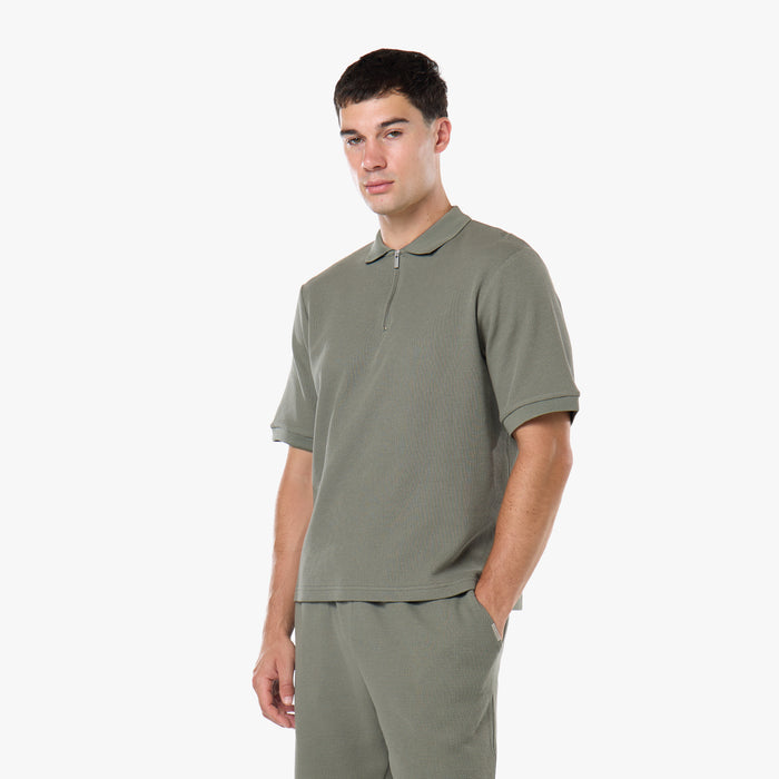 Waffle Knit Zip Polo | Olive