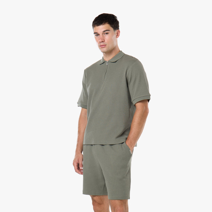 Waffle Knit Zip Polo | Olive