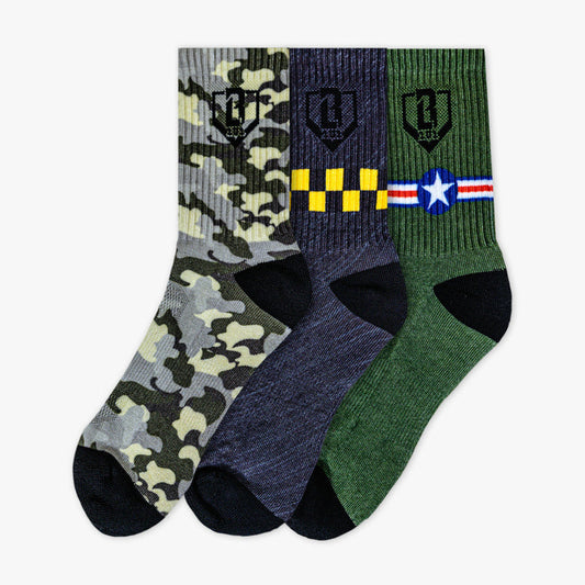 Adult model wearing green socks with "Warhawk Performance  3-Pack" design
