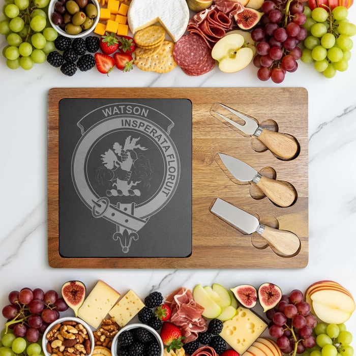 Watson clan crest and Insperata Floruit engraved on acacia-and-slate board