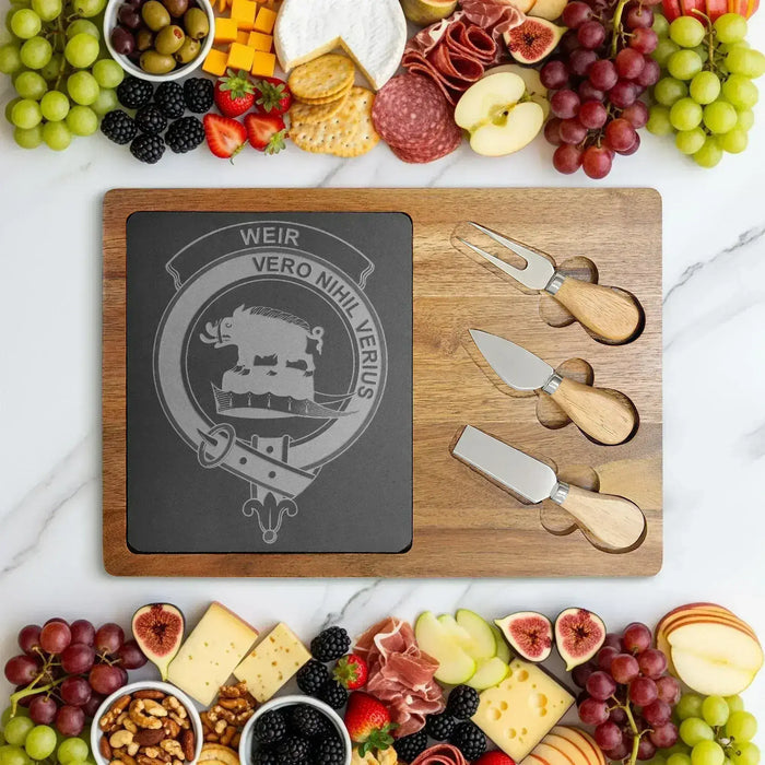 Weir clan crest engraved on acacia-and-slate charcuterie board