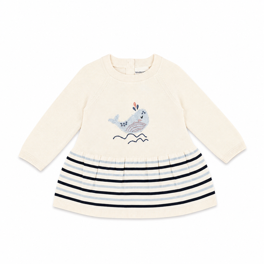 Whale Embroidered Ruffle Baby Short Dress made with organic cotton