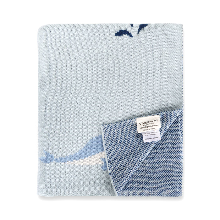 Whales Jacquard Sweater Knit Organic Cotton Baby Blankets by Viverano