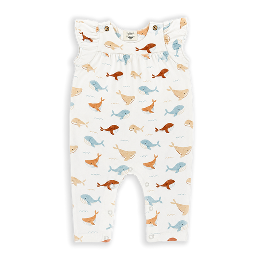 front of whales wrap neck baby- girl jumpsuit made of organic jersey