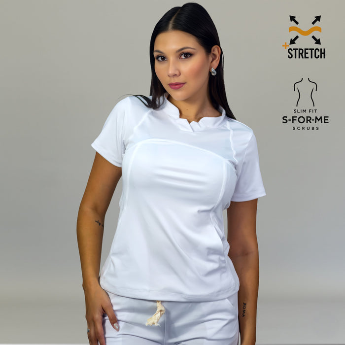 Women's 910 white super stretch scrub top front view