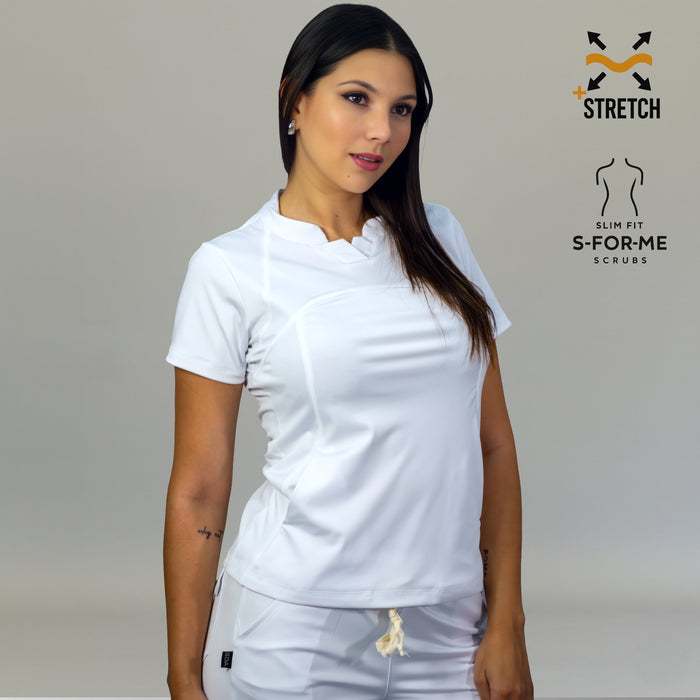 Women's white slim fit scrub top with stretch fabric