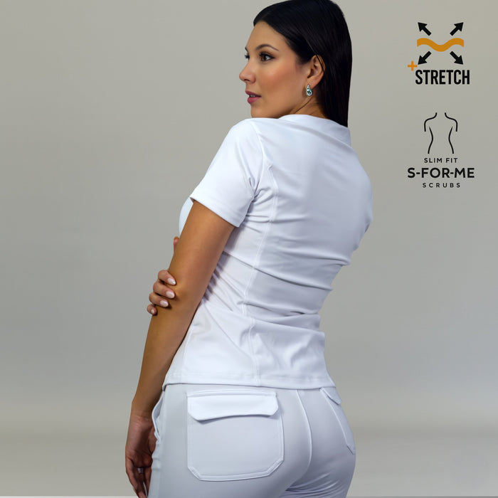 Back view of women's 910 white super stretch scrub top