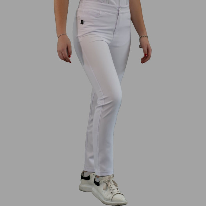 Women's white Alviero stretch waterproof scrub pants — front view, classic fit