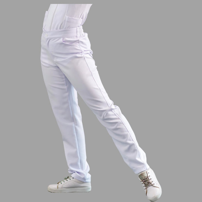 Women's white Alviero waterproof scrub pants — side view showing fit and pocket detail