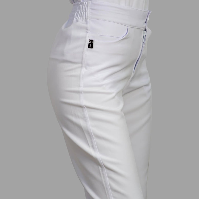 Women's white Alviero stretch scrub pants — additional angle showing fabric and silhouette