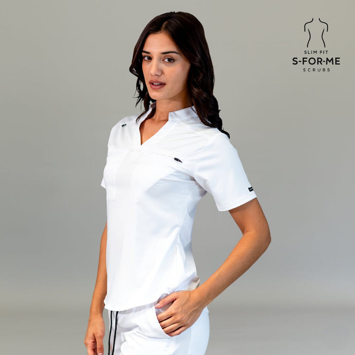 Women’s white scrub top side angle with 4-way stretch comfort