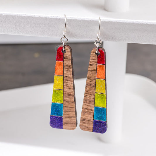 Wood Earrings - Rainbow Colored Trapezoid