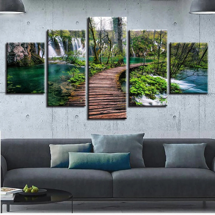 Wooden Bridge Waterfall Nature Forest Wall Art Frame Canvas Printing Decor