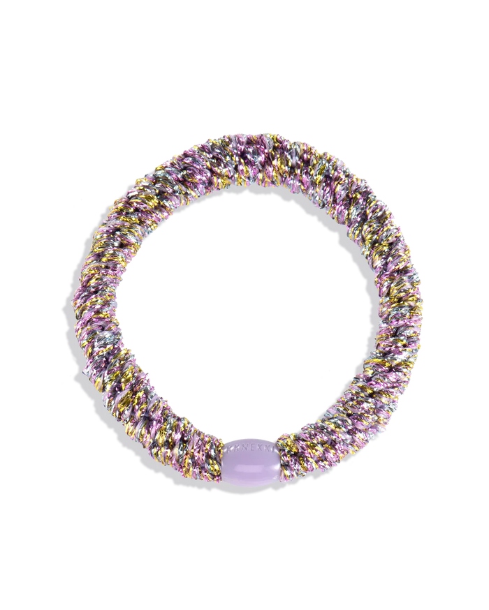 Woven glitter hair tie in purple, silver, and gold with a smooth center