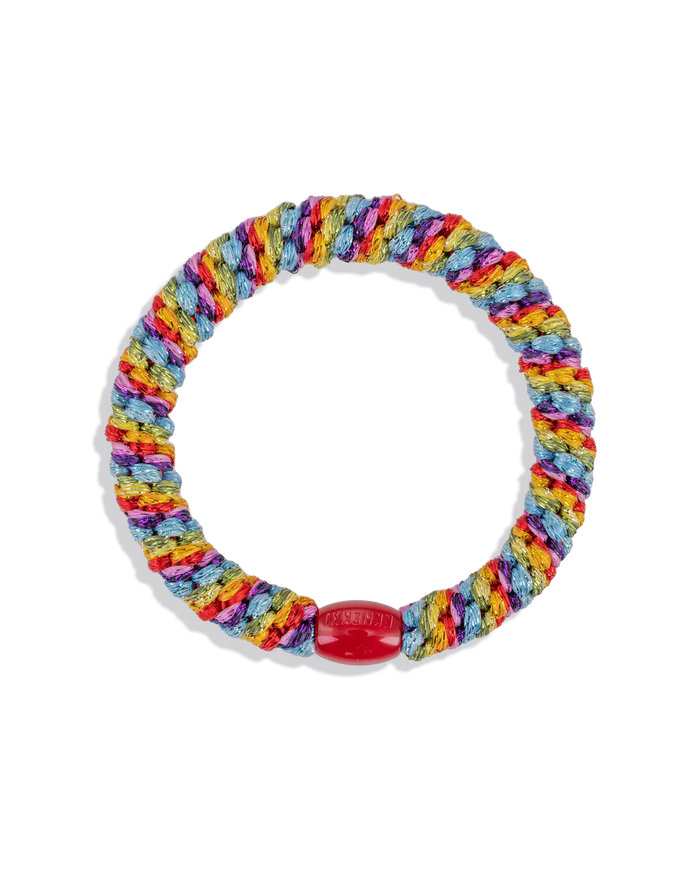 Woven rainbow glitter hair tie with bright multicolor threads and red center