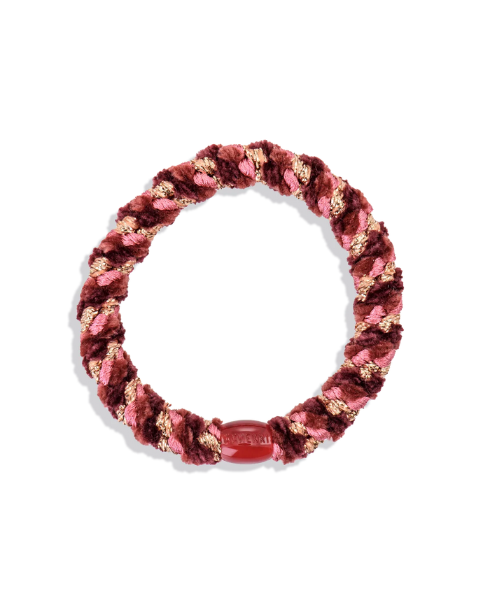 Woven glitter hair tie in pink and rose with a maroon center band