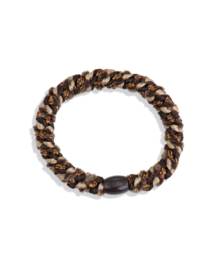 Woven glitter hair tie in dark brown and black with a black center band