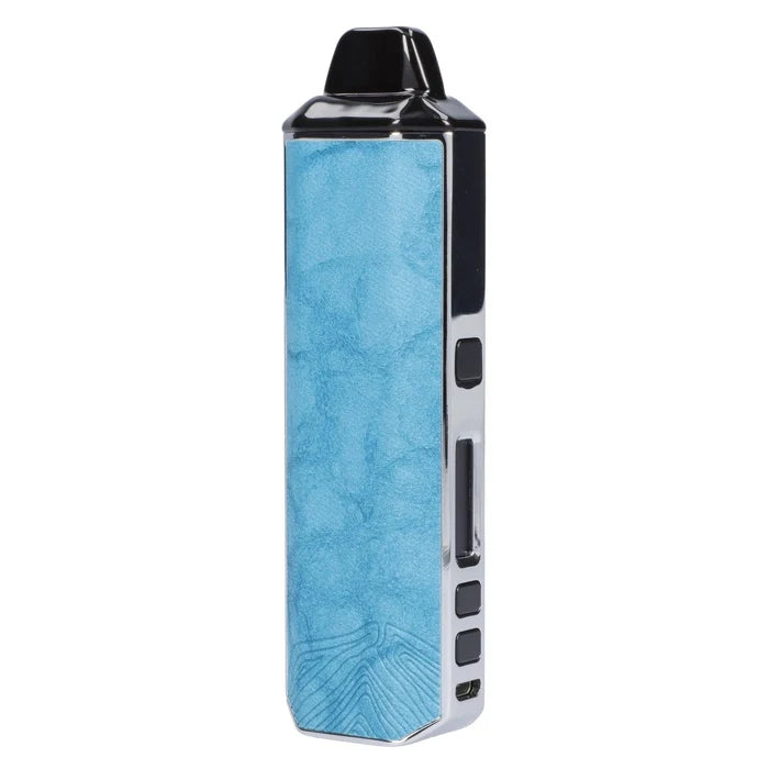 Tall close-up of the blue Xvape Aria Dual Use Vaporizer - Blue showing its textured front panel, chrome side buttons, and angled black mouthpiece against a white background
