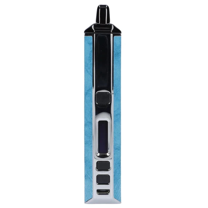 Close-up front view of the blue Xvape Aria Dual Use Vaporizer - Blue showing its glossy black mouthpiece, buttons, and USB port.