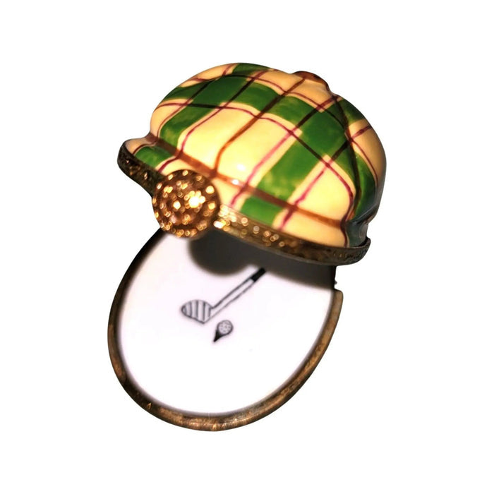 Yellow Green Plaid Golf Hat Porcelain Limoges Limoges Boxes sports French Trinket Box